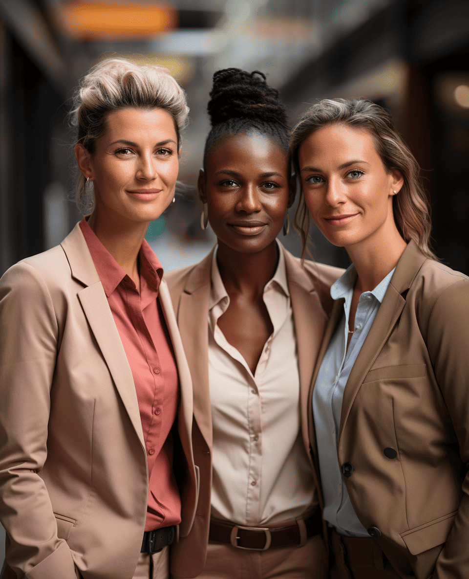 Three business woman in tan business suits getting their photo taken